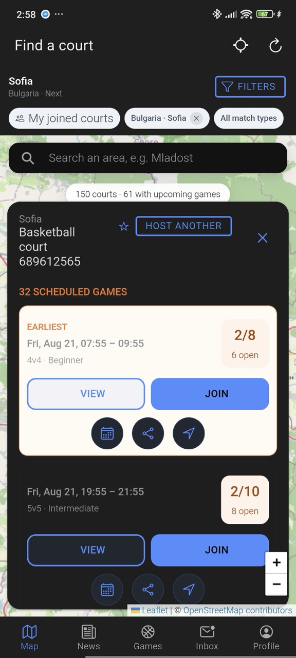 Find Game AT court details with upcoming games, joining, sharing and directions