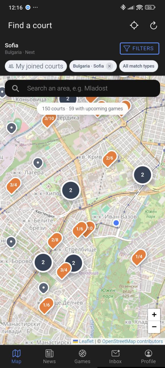 Find Game AT map showing basketball courts and available games in Sofia