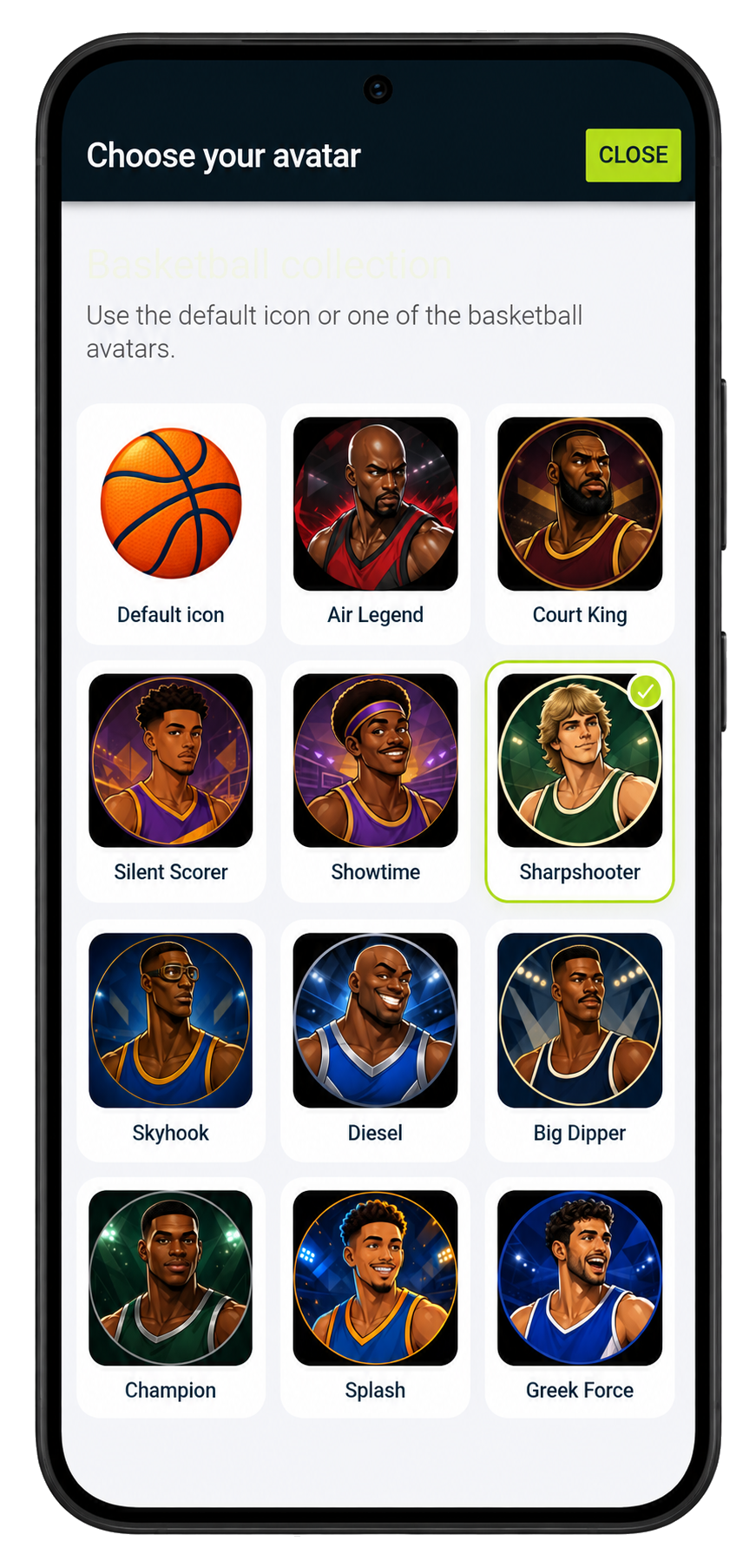 A diverse selection of original Find Game AT basketball avatars