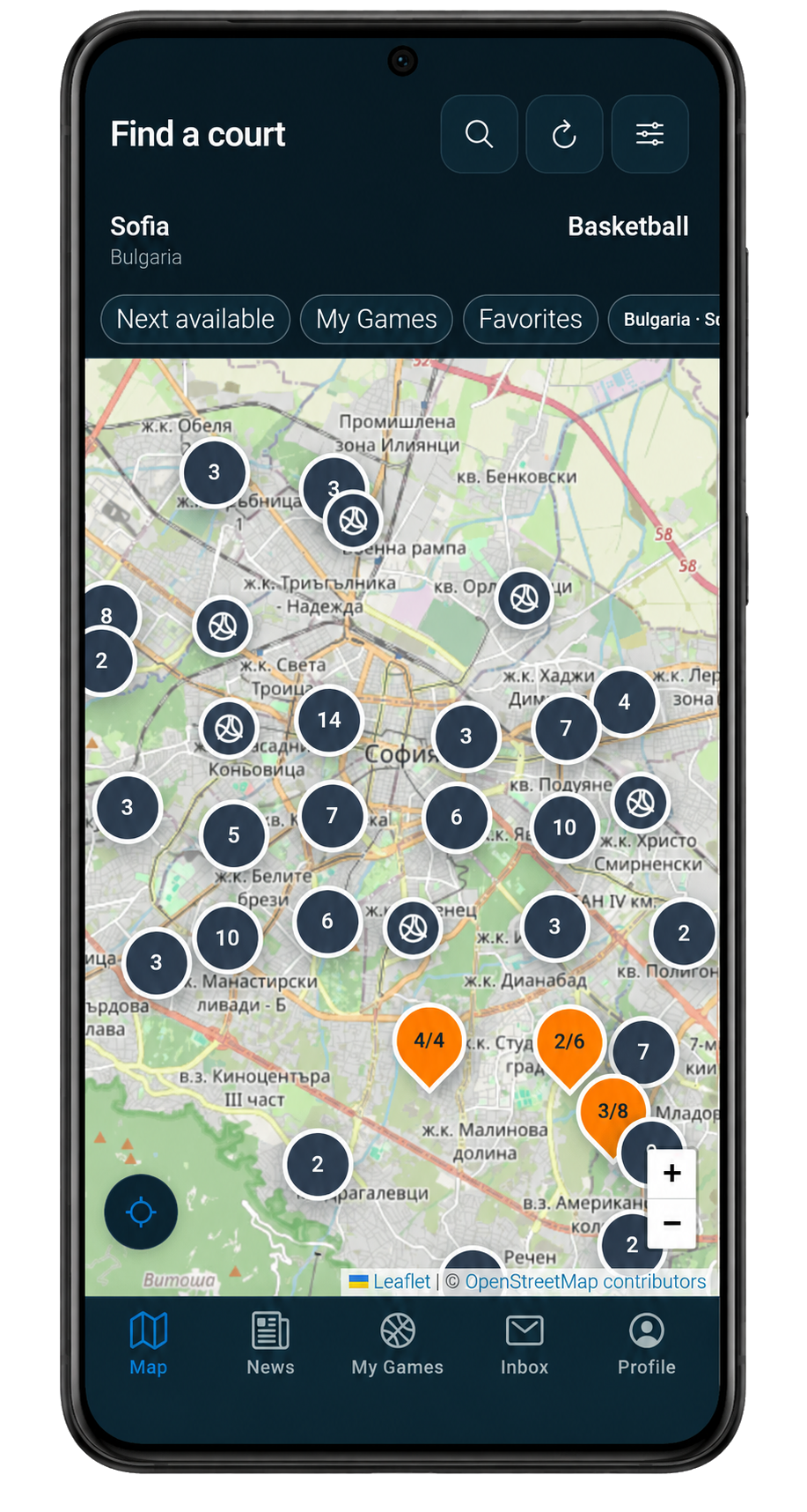 Find Game AT map showing basketball courts and available games in Sofia