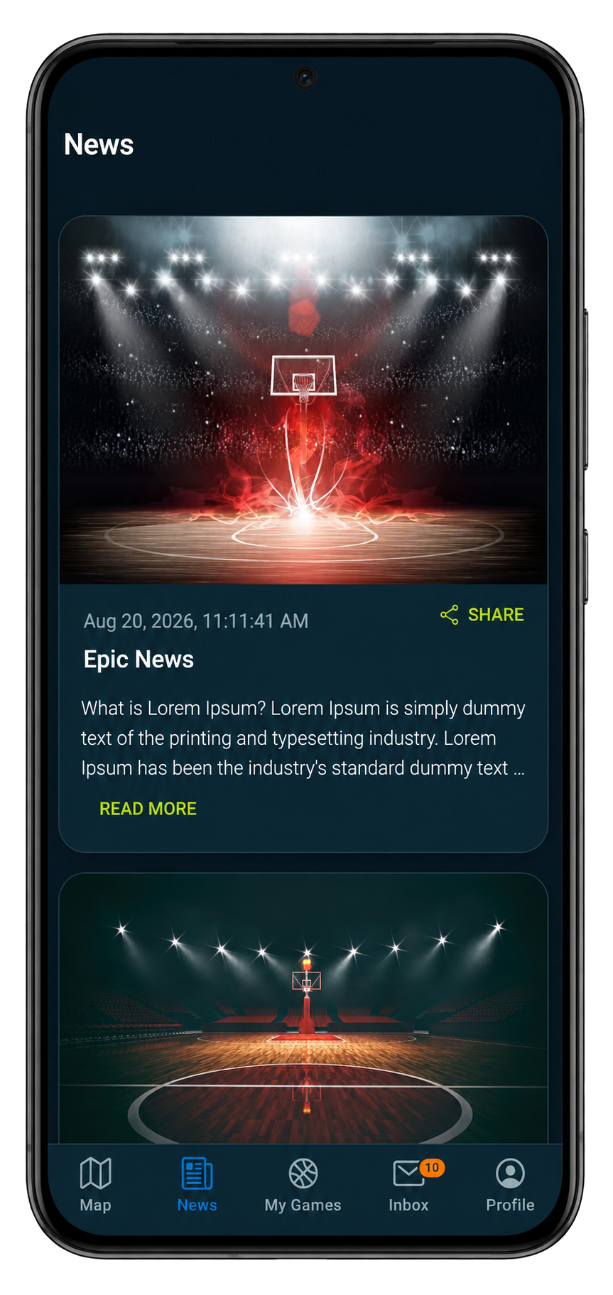 Find Game AT basketball news feed with article sharing