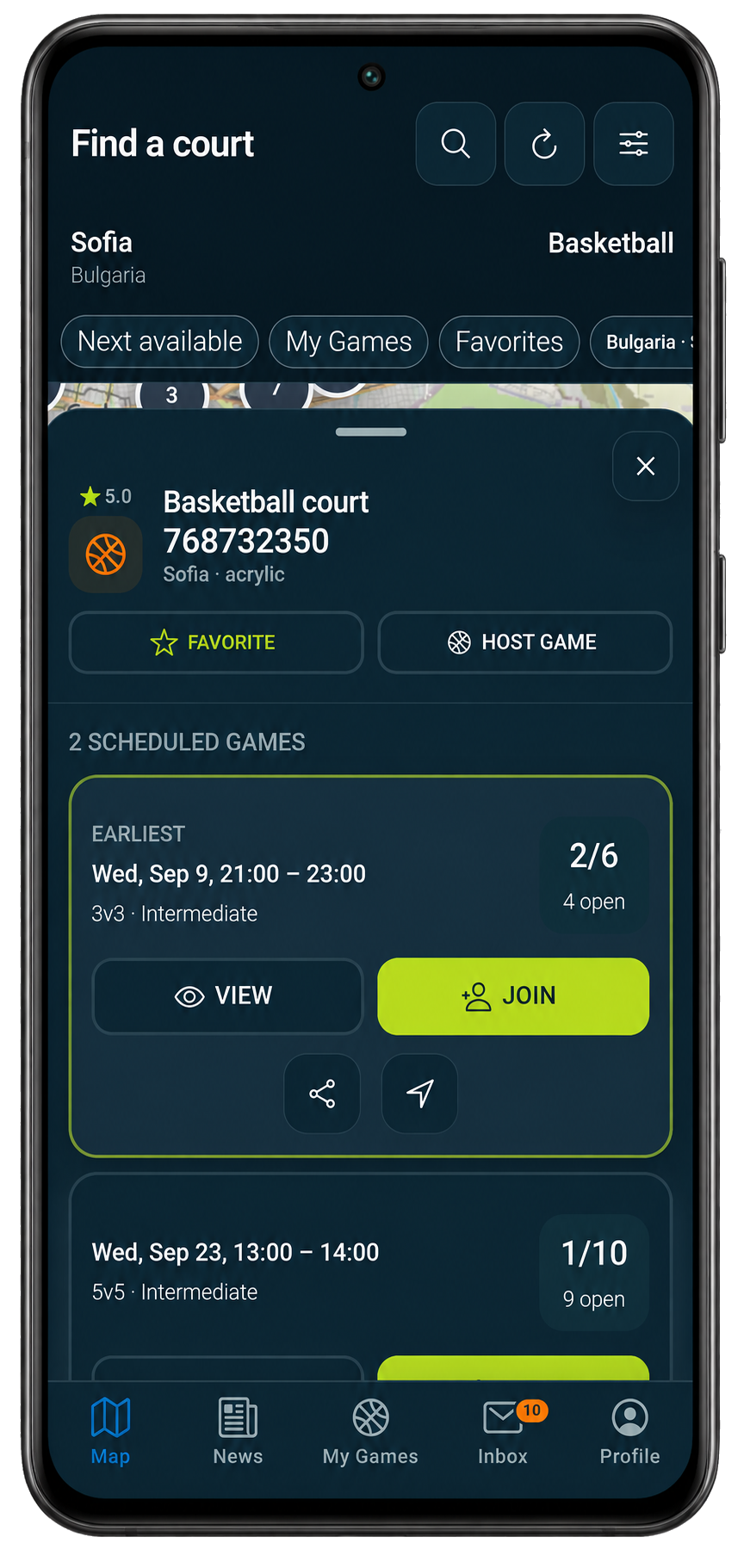 Find Game AT court details with upcoming games, joining, sharing and directions